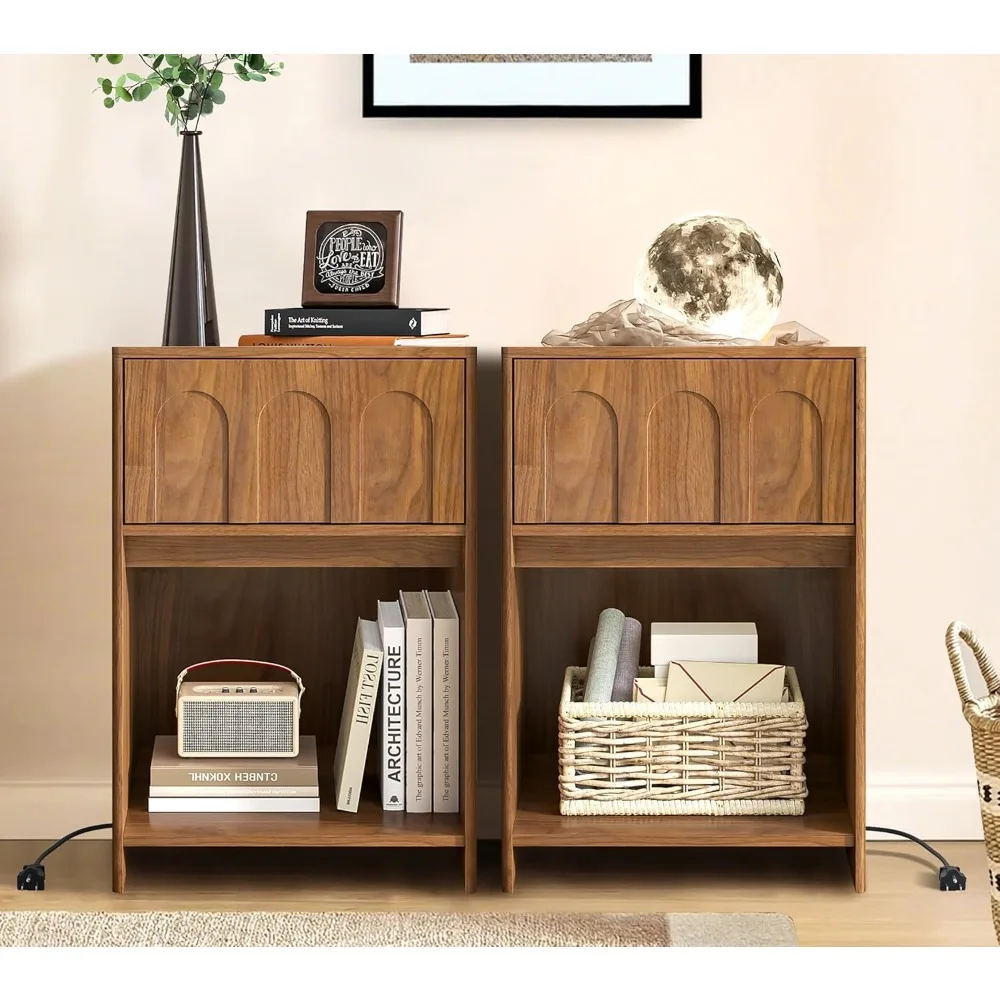 

Nightstands Set of 2, 15.74'' Wide Night Stand with Drawer and Open Storage, Mid-Century Modern Wooden Bed Side Table