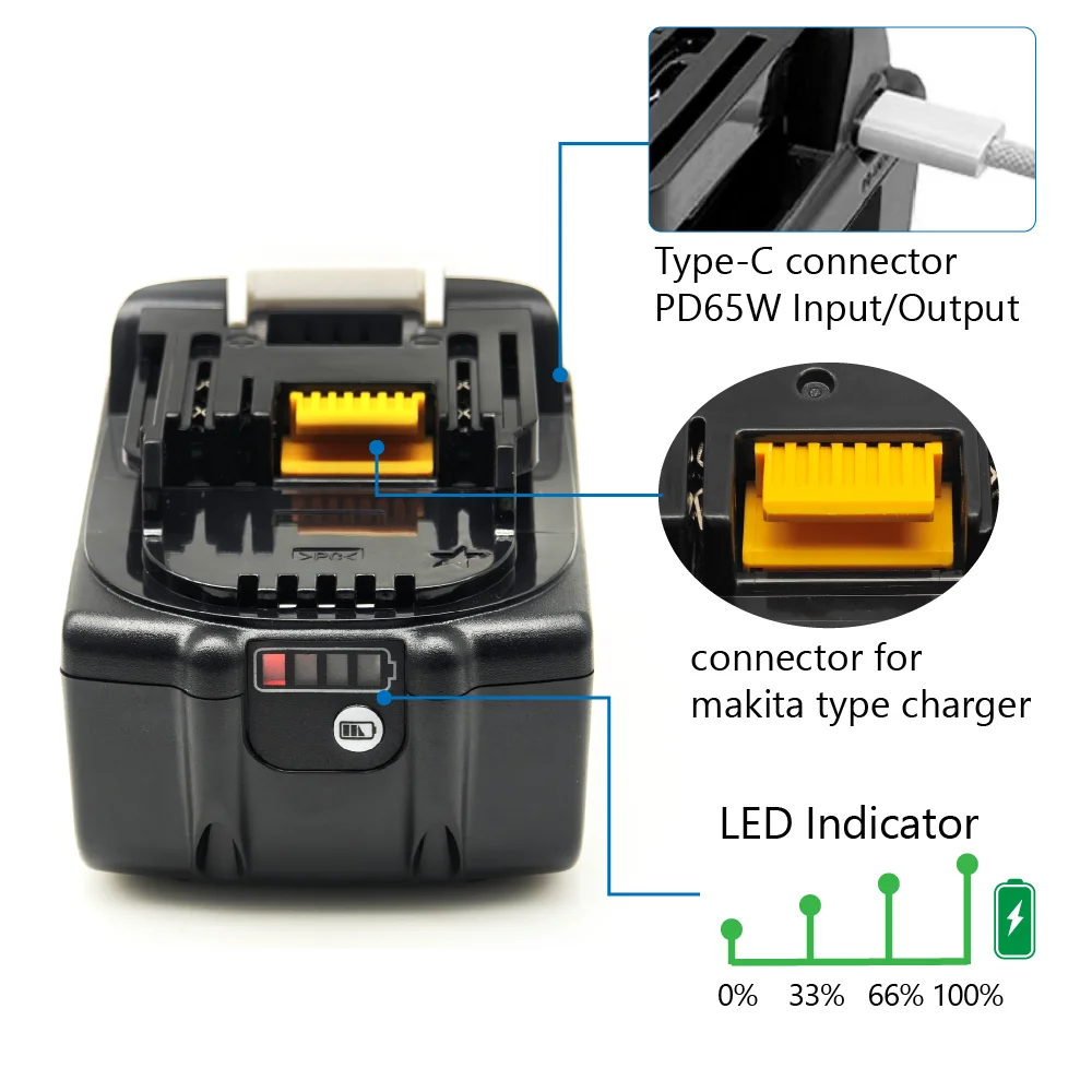 TPCELL 5/6AH PD65W For Makita 18V Battery with Type-C Input/Output Power Tools Li-ion Replacement LXT BL1850 BL1840