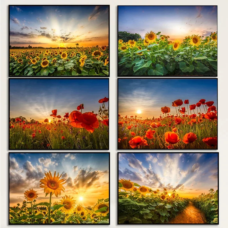 Vintage Sunflower Field At Sunset Sunshine Landscape Art Posters Canvas Painting Wall Prints Pictures for Living Room Home De