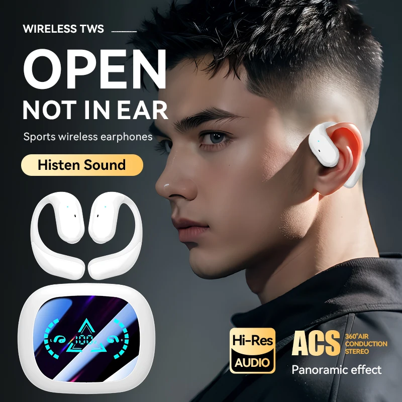 Ear Mounted Bluetooth Wireless Earphones Mirror Digital Display Noise Cancelling Earbuds Waterproof Sweat-proof Sports Headphone