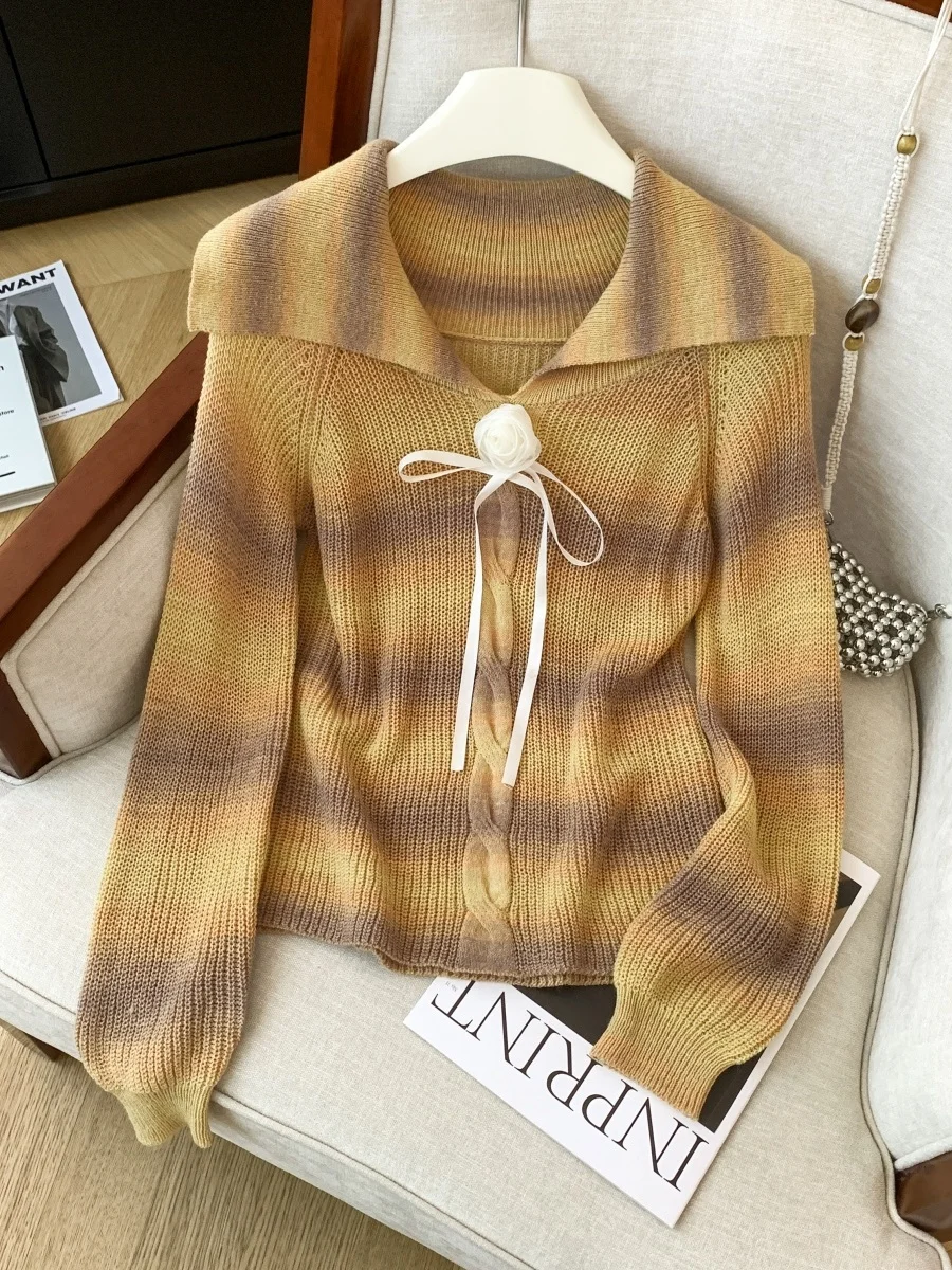 

nk adient Stripe Long Sve Knitted Sweater Women's Loose Faionable Autumn Winter High-End Feeling Top