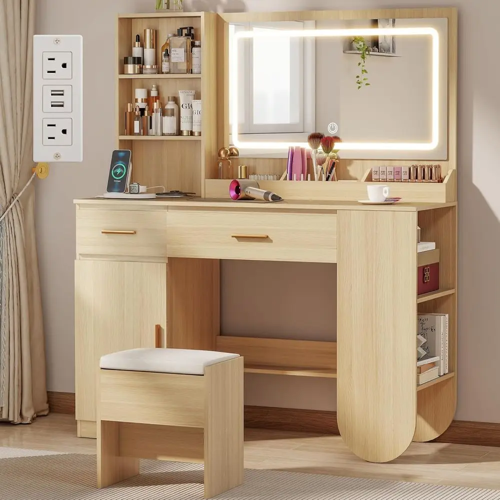 47 Wooden Vanity Desk with Mirror, Lights, Makeup Area, 2 Drawers, 2 Shelves, Cabinet, Power Outlet, Stool, Suitable for Dressin