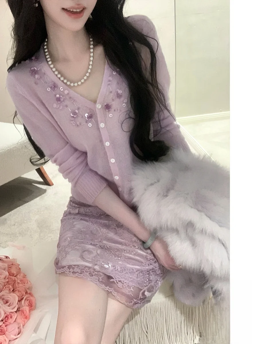 Sun Yaqiao Autumn Winter New Purple Short Double Layer 3D Floral Lace Bodycon Velvet Half Skirt Women's High Waist Lace Skirt