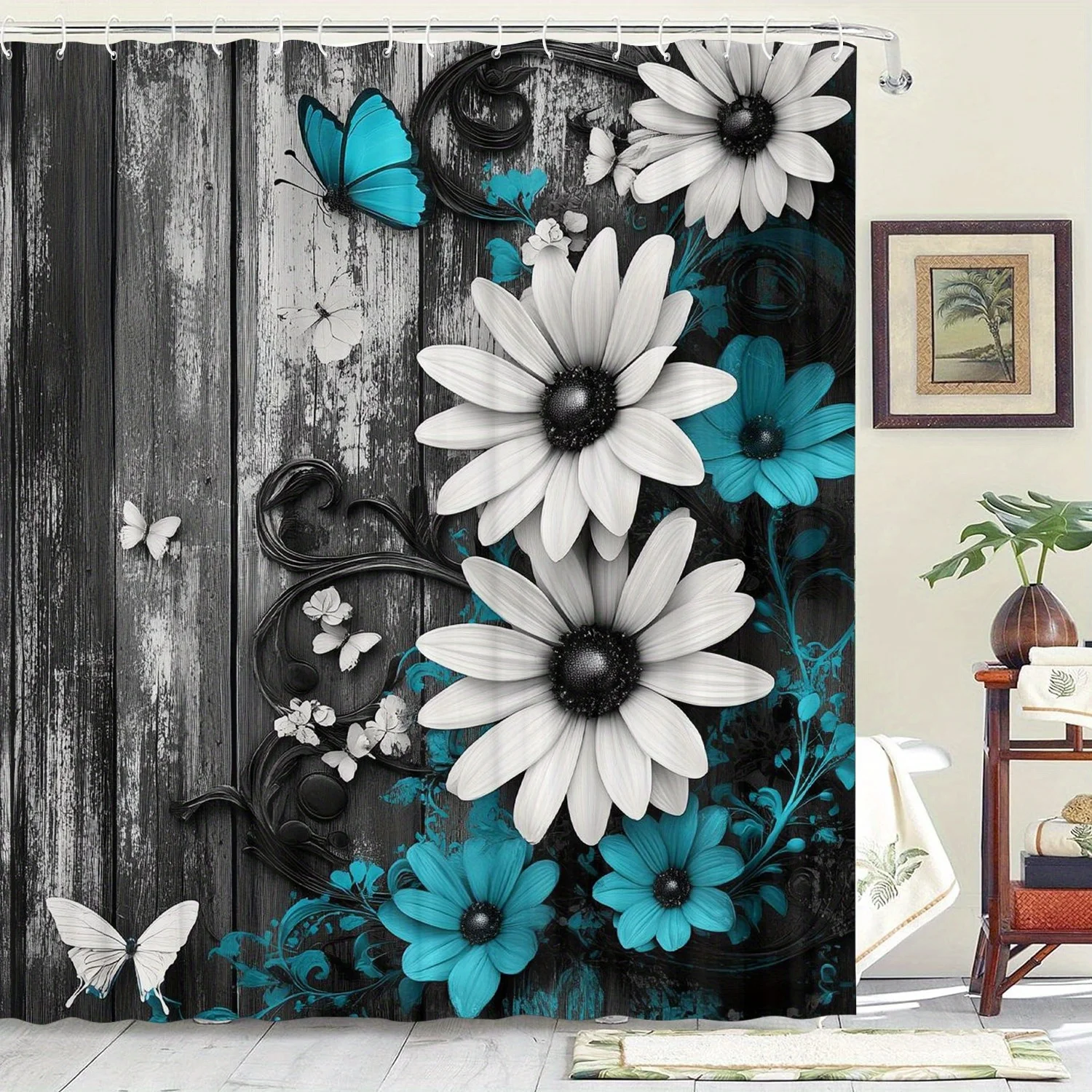 Flower Pattern Shower Curtain 12 Hooks Suitable for Room Home Hotel Machine Washable Window Curtains Bathroom One Piece