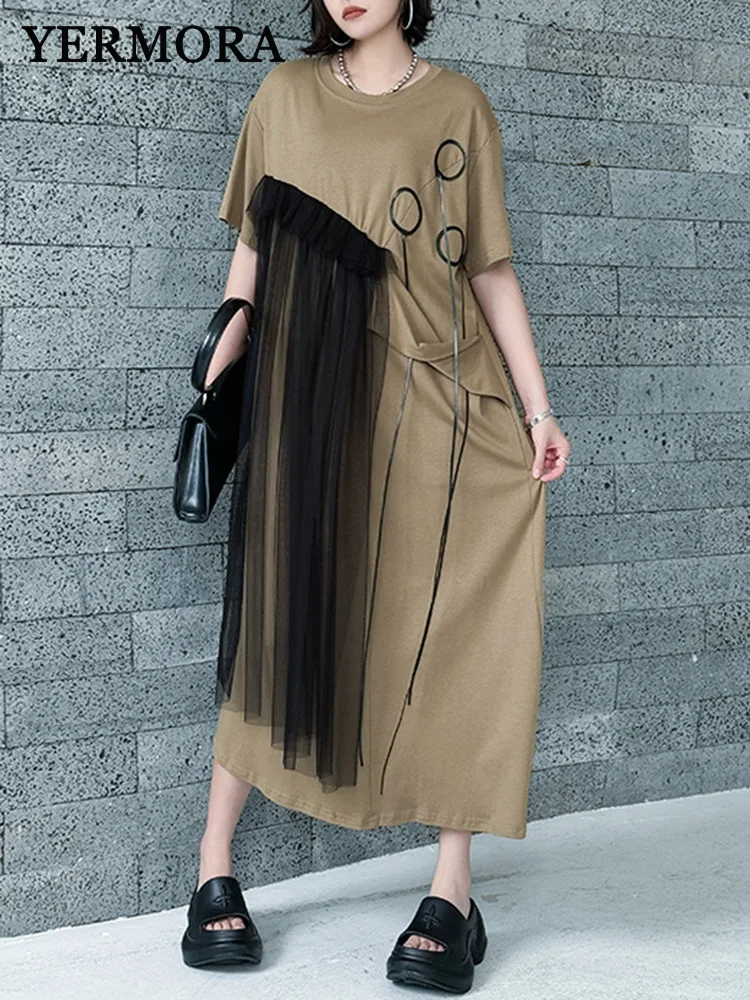 

YERMORA Women Khaki Asymmetric Spliced Mesh Big Size Casual Dress Round Neck Short Sleeve Loose Fashoin Tide Spring Summer 2025