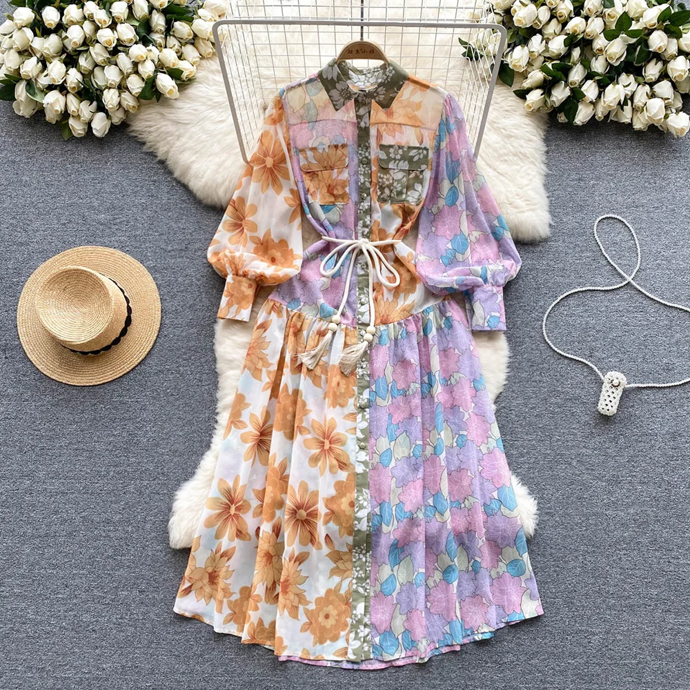 Chiffon Midi Dresses For Women 2023 Vintage Print Dress Front Button Up Pockets Lapel Collar Long Sleeve Shirt Dress With Belt