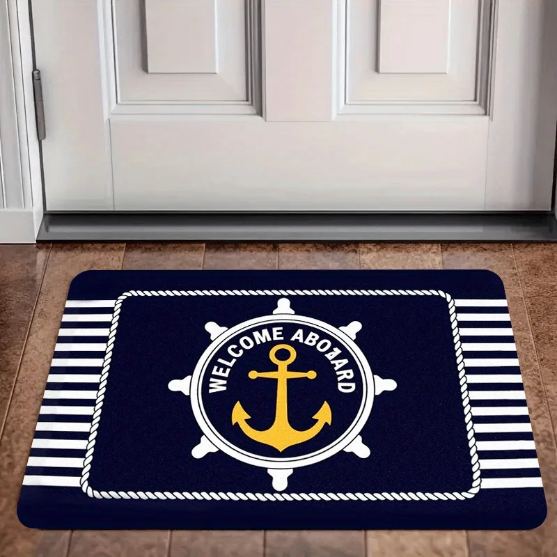 Nautical Welcome Aboard Doormat Anchor Ship Wheel Entrance Mat Navy Striped Anti Slip Front Door Floor Rug