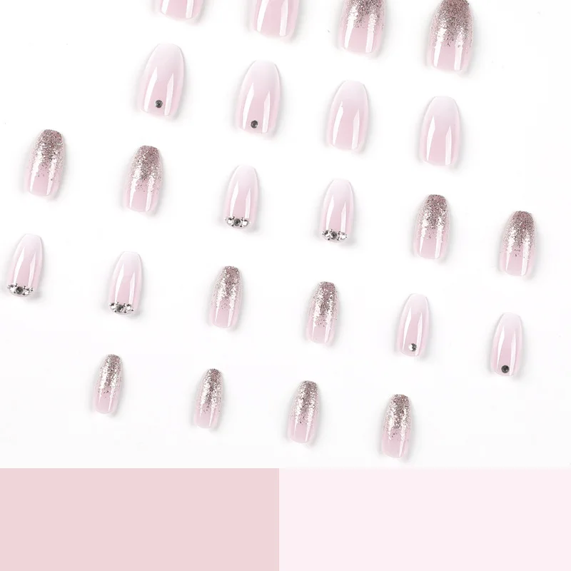 24Pcs Gradient Nude Pink Press on Nail Short Gold Crushed Diamond False Nails for Women&Girl Removable wearable Nail Art