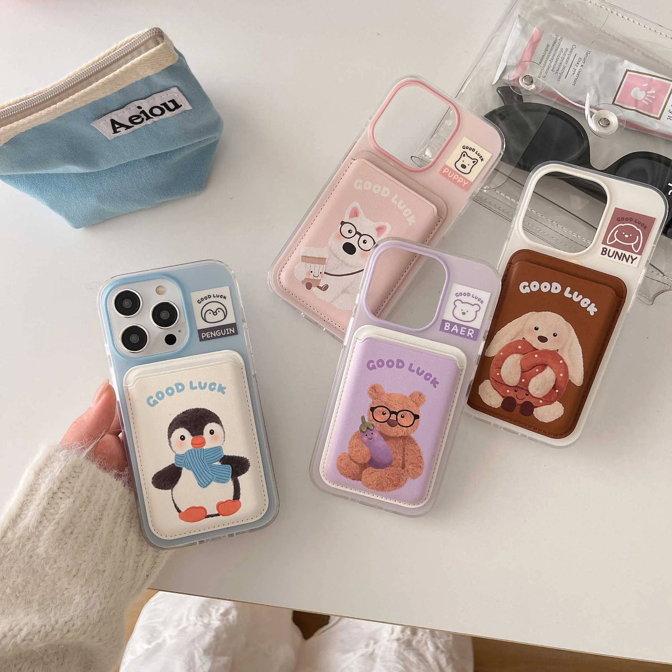 Cartoon cute animals stand holder magnetic fundas for iphone 15pro 14promax 16 14 13 15 pro max 13promax card bag phone case