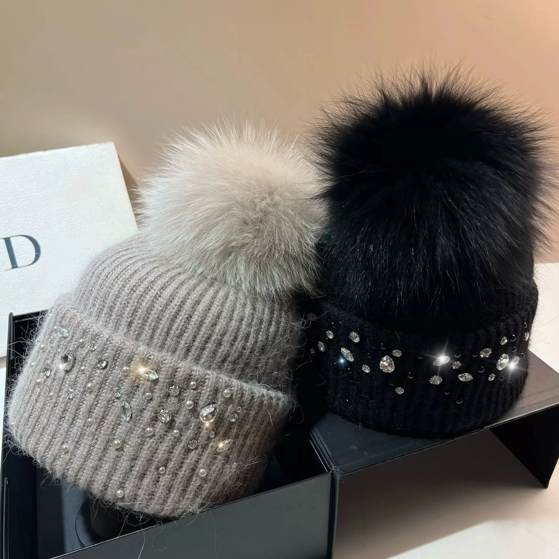 Large Fox Fur Ball Knit Hat French Heavy-Duty Rhinestone Knitted Beanie Winter Rabbit Fur Earflap Hat