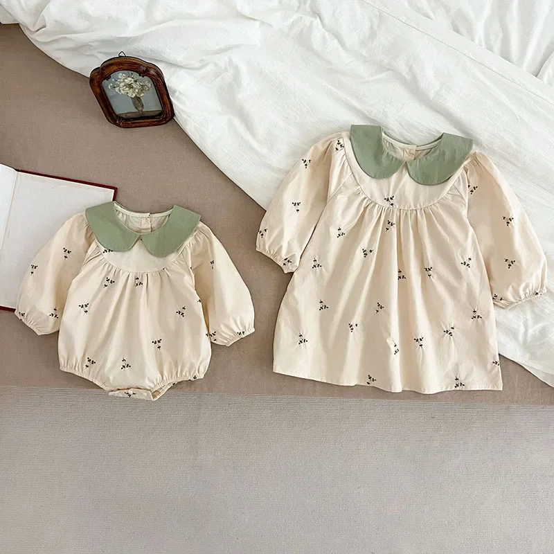 2024 New Autumn Baby Girl Romper Kids Princess Dresses Long Sleeved Cotton Embroidery 2-6Yrs Girl Party Dress Sister Dress