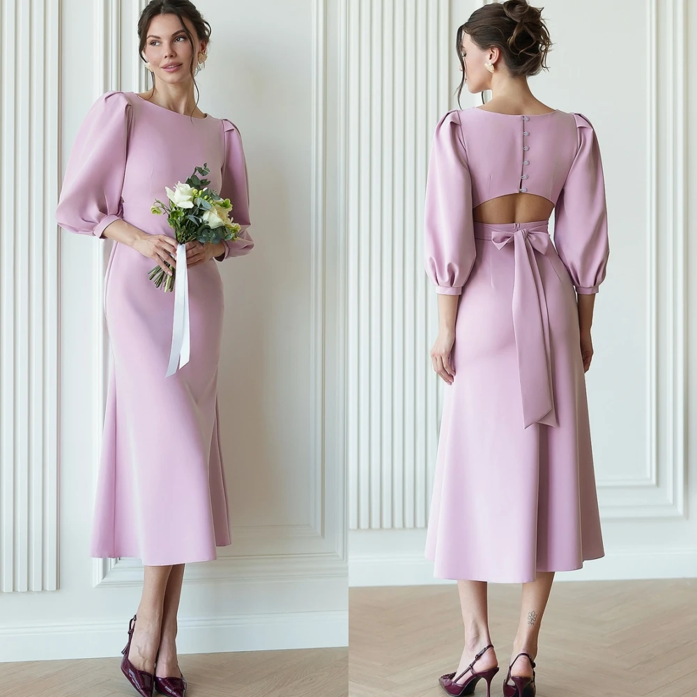 ที่กําหนดเอง Simple Mermaid ชุดราตรีคลาสสิก 3/4 แขนชาความยาว O-คอชุดราตรี JERSEY Bow ซาอุดีอาระเบีย PARTY Dresses