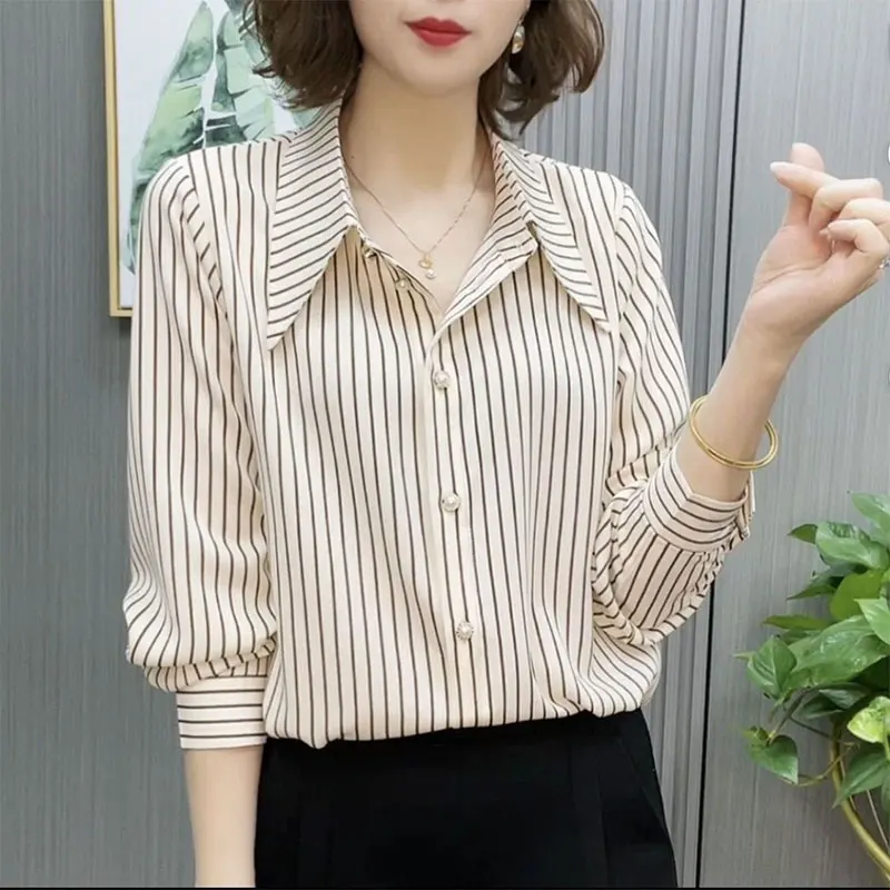 Striped Turn-Down Collar Shirts for Women, Long Sleeve, Slim Clothes, Korean Casual, All-Match Tops, Spring and Summer New Style