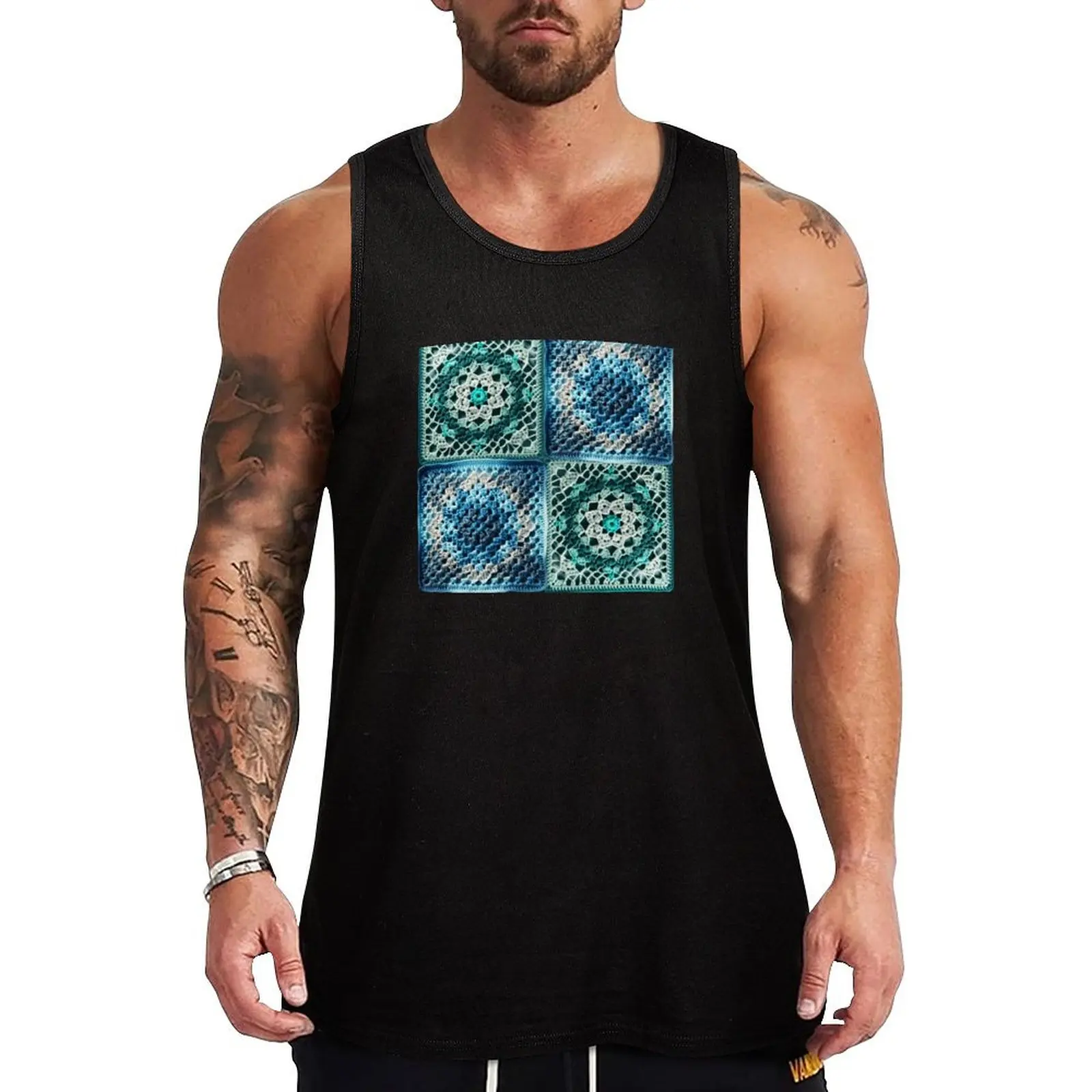 

Blue and Green Vintage Granny Crochet Aesthetic Pattern Tank Top men clothes bodybuilding for men muscle t-shirt Men's gym