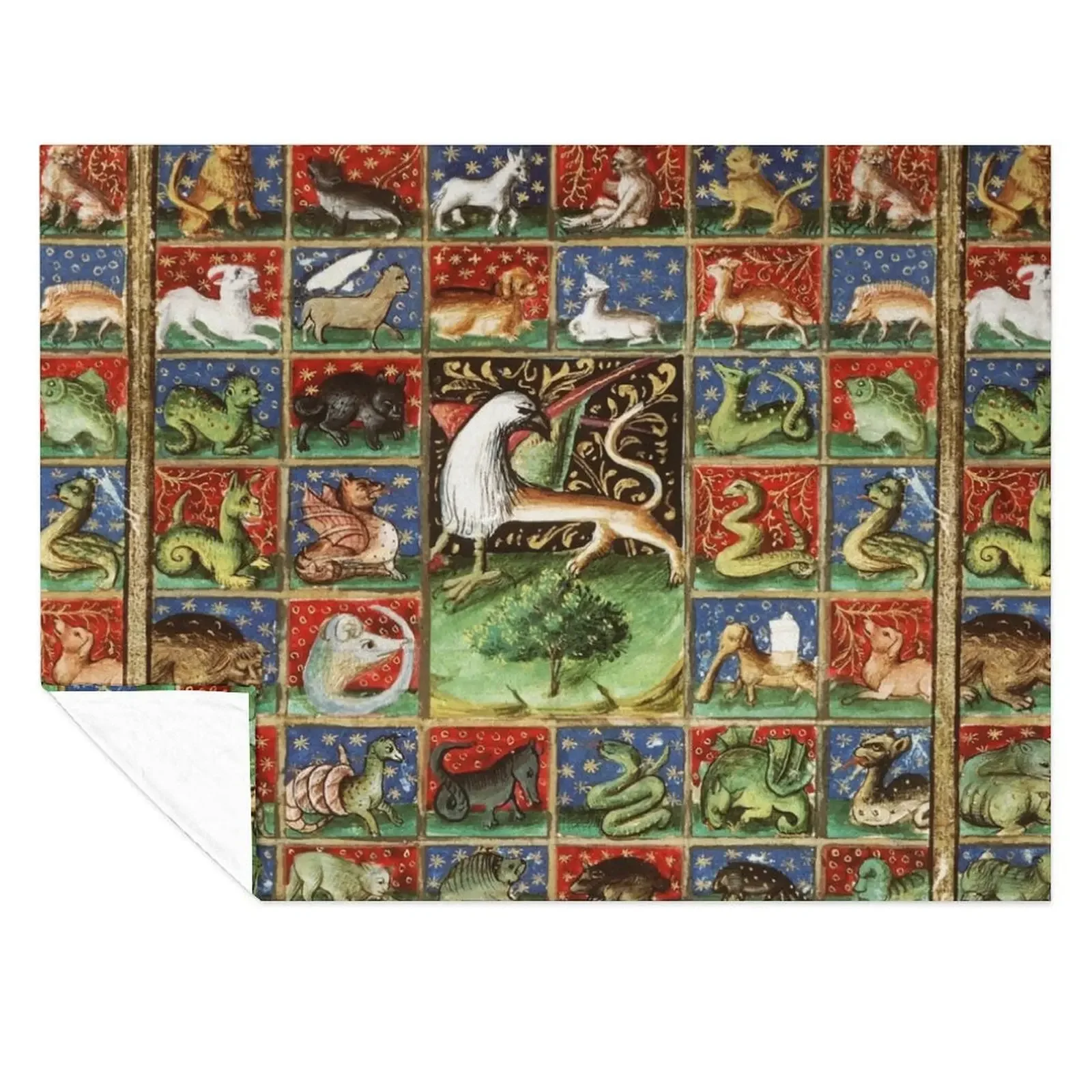 

MEDIEVAL BESTIARY Fantastic Animals in Red Blue Green Gold Hues Throw Blanket sofa bed Large Bed linens Bed covers Blankets