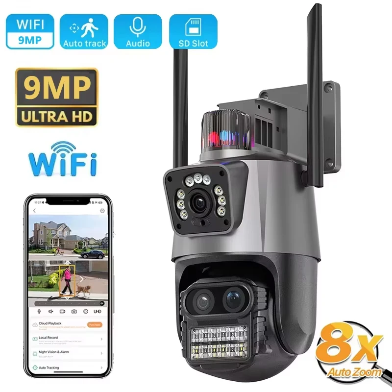 

9MP IP Camera Outdoor HD Three Lens WiFi Camera 8x Zoom Dual Screens Security PTZ AI Auto Tracking CCTV Surveillance Cam