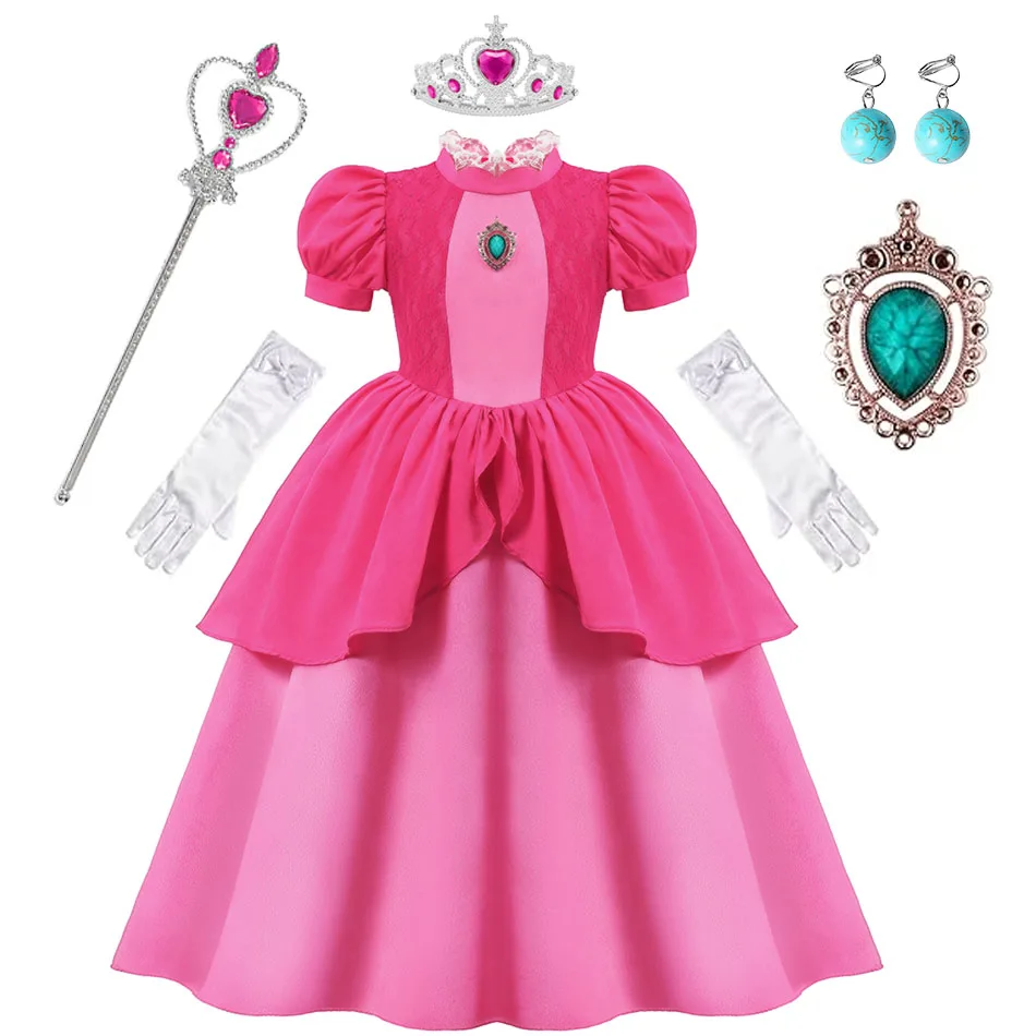 

Princess Peach Costume Dress Halloween Cosplay Dress Up for 2-10 Years Girls Kids Outfits with Crown Gloves Scepter Earing