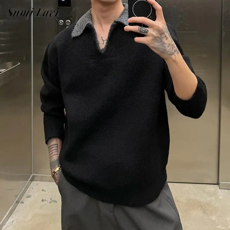 

2026 Spring Autumn New Casual Mens Sweater Polo Shirts Long Sleeve Patchwork Turn-down Collar Jumper Tops Men Knitting Sweaters