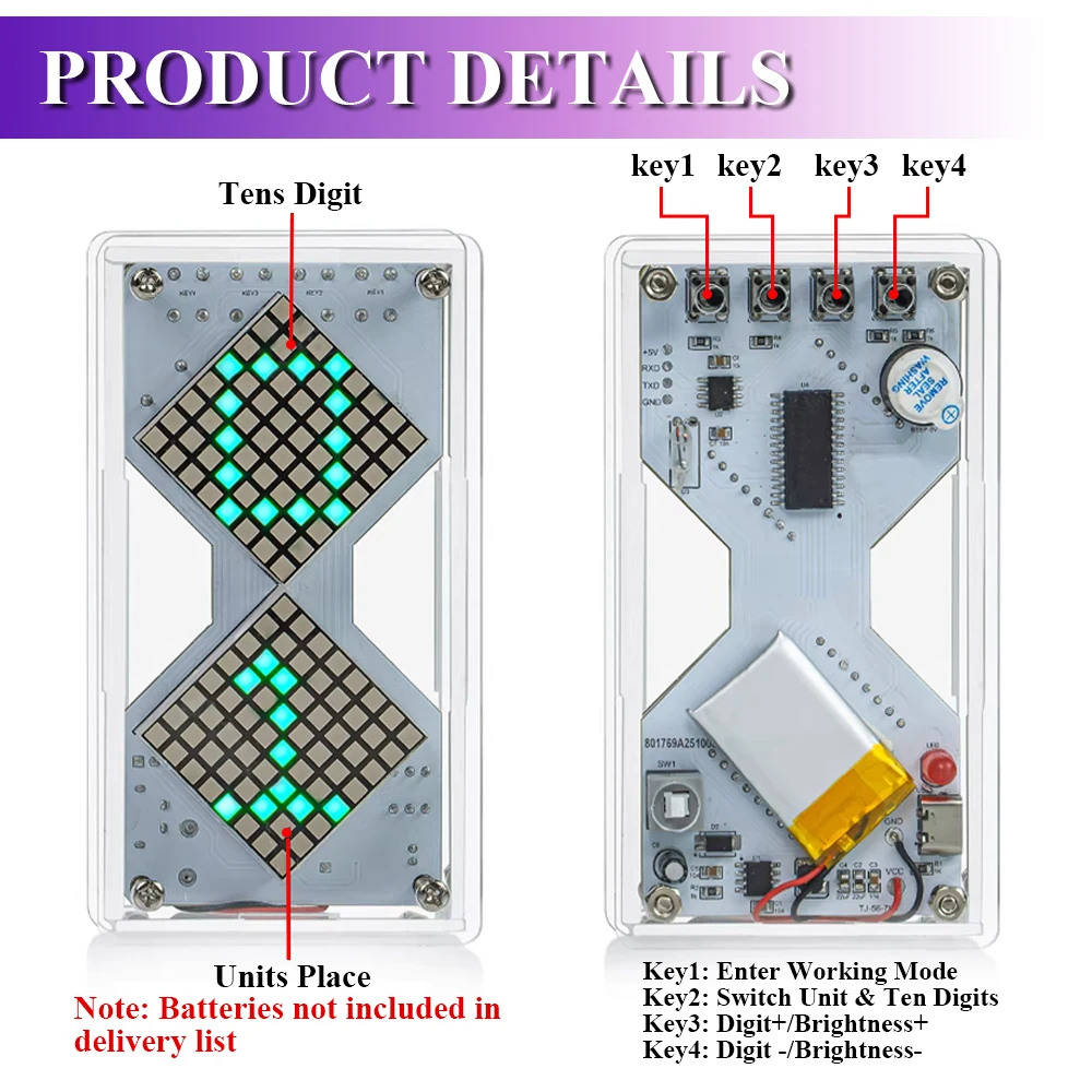Zestaw DIY LED Dot Matrix Timer z Efektem Klepsydry, Czujnikiem Grawitacyjnym, do Ćwiczeń Lutowania Elektroniki, Komponenty DC5V — zdjęcie produktu 4