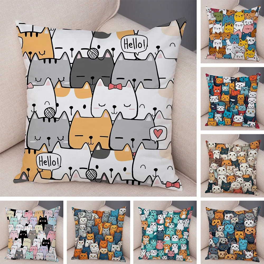 Cute Pet Hello Cat Cushion Cover Double Print Soft Plush Pillowcase for Sofa Home Car Decor Cartoon Animal Pillows Case 45x45cm