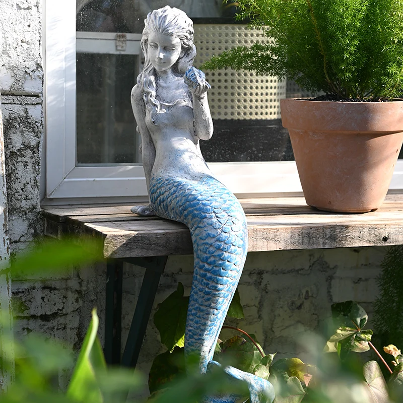 Retro Mermaid Garden Decoration Statue Sculpture Landscape Pool Courtyard Terrace Ornament Creative Outdoor Decor Figurine