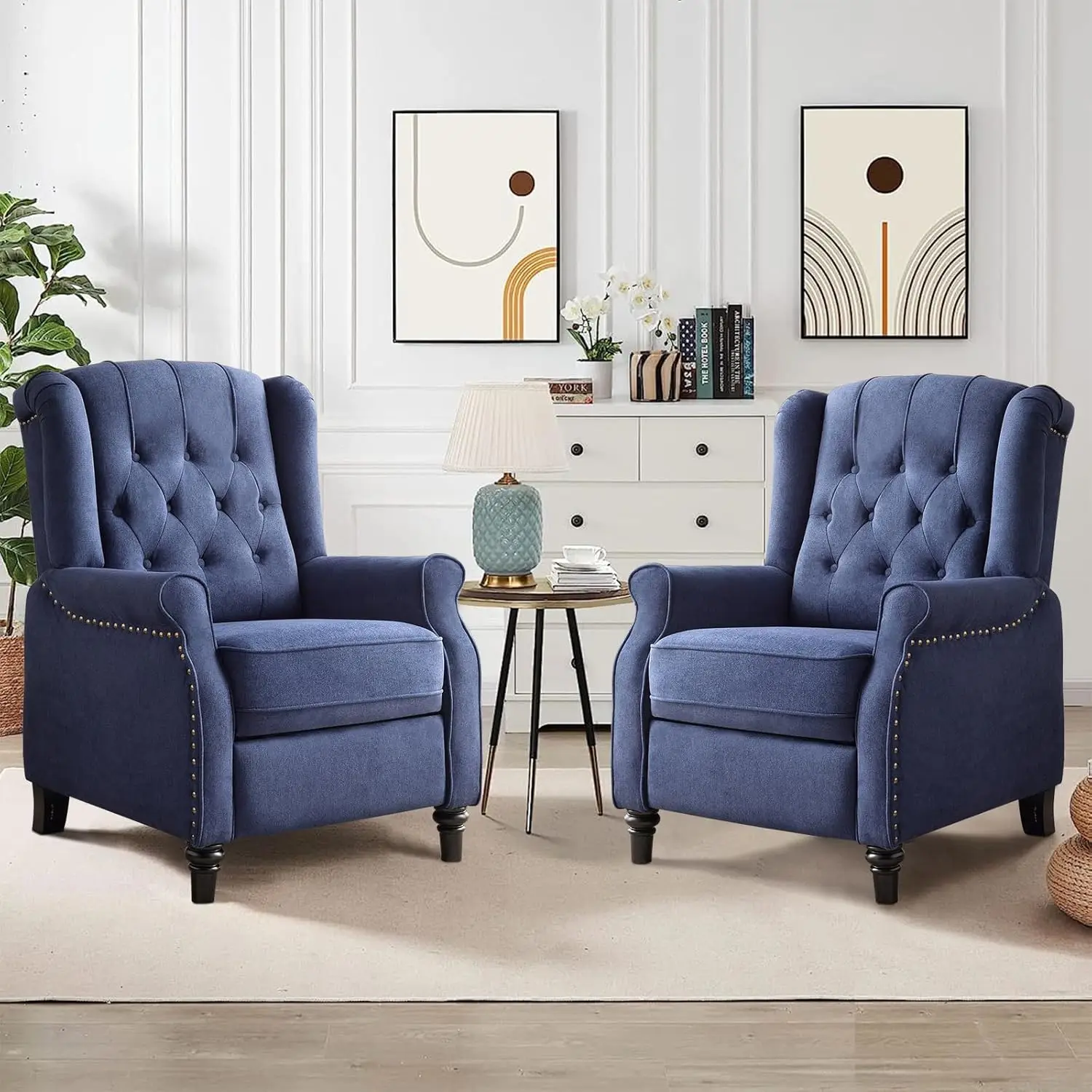 #Push Back Fabric Wingback Recliner Set 2 Padded Tufted Armchair Nailhead Trim Living Room Dark Blue Customized