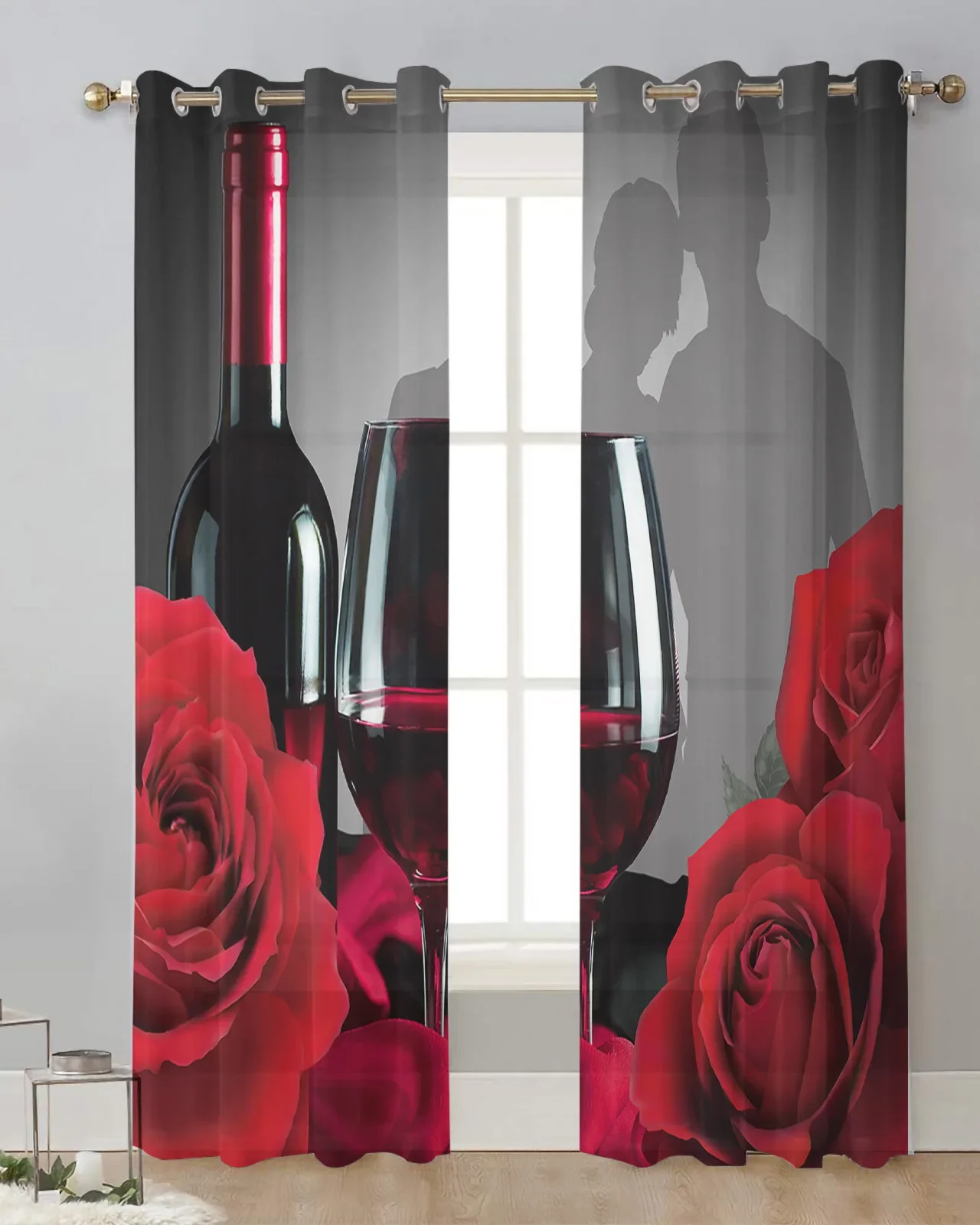 Valentine'S Day Rose Flower Red Wine Sheer Curtains for Living Room Decoration Window Curtain Kitchen Tulle Voile Organza Drapes