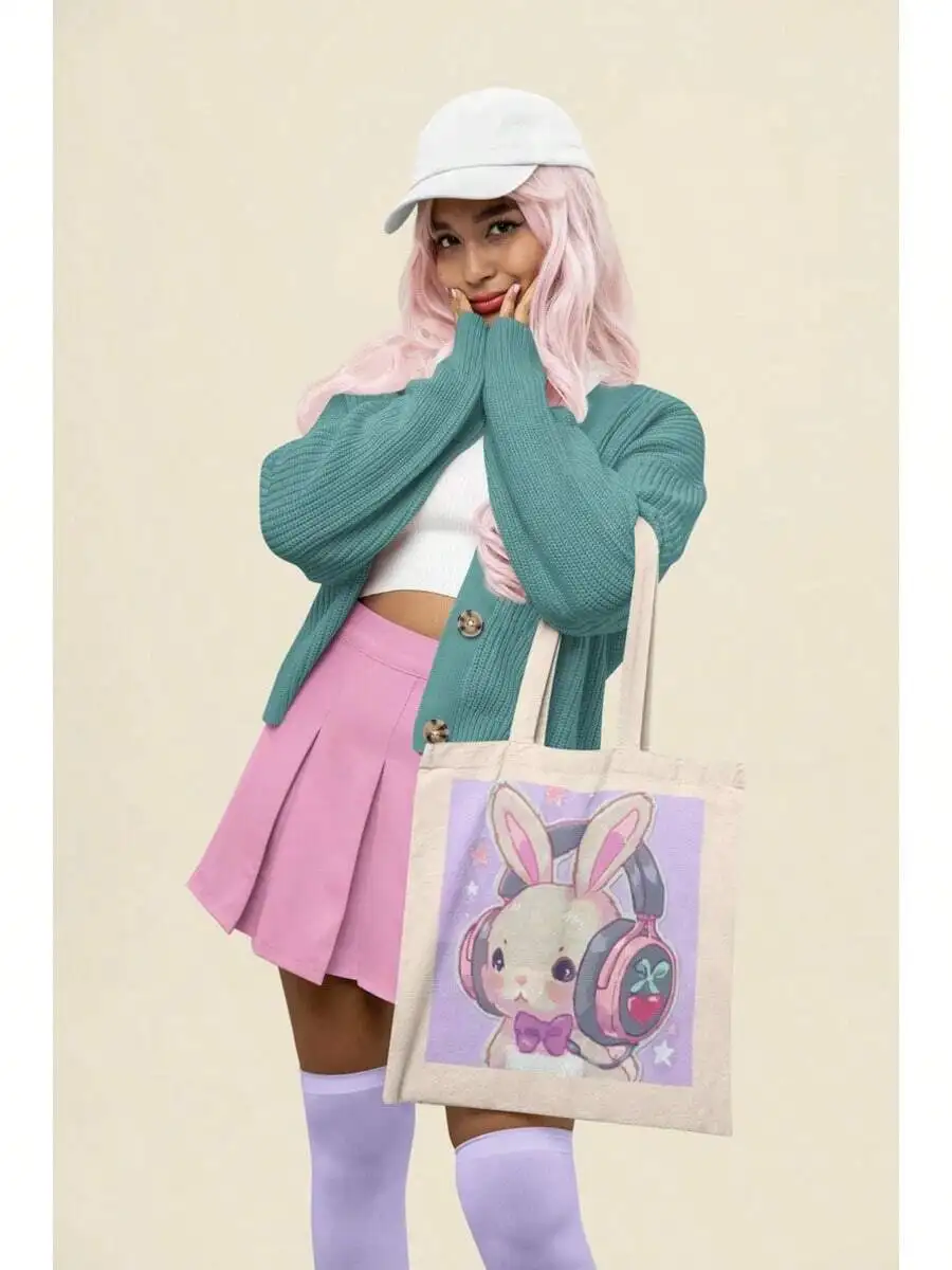 

Cartoon Bunny With Headphones Canvas Tote Bag For Women