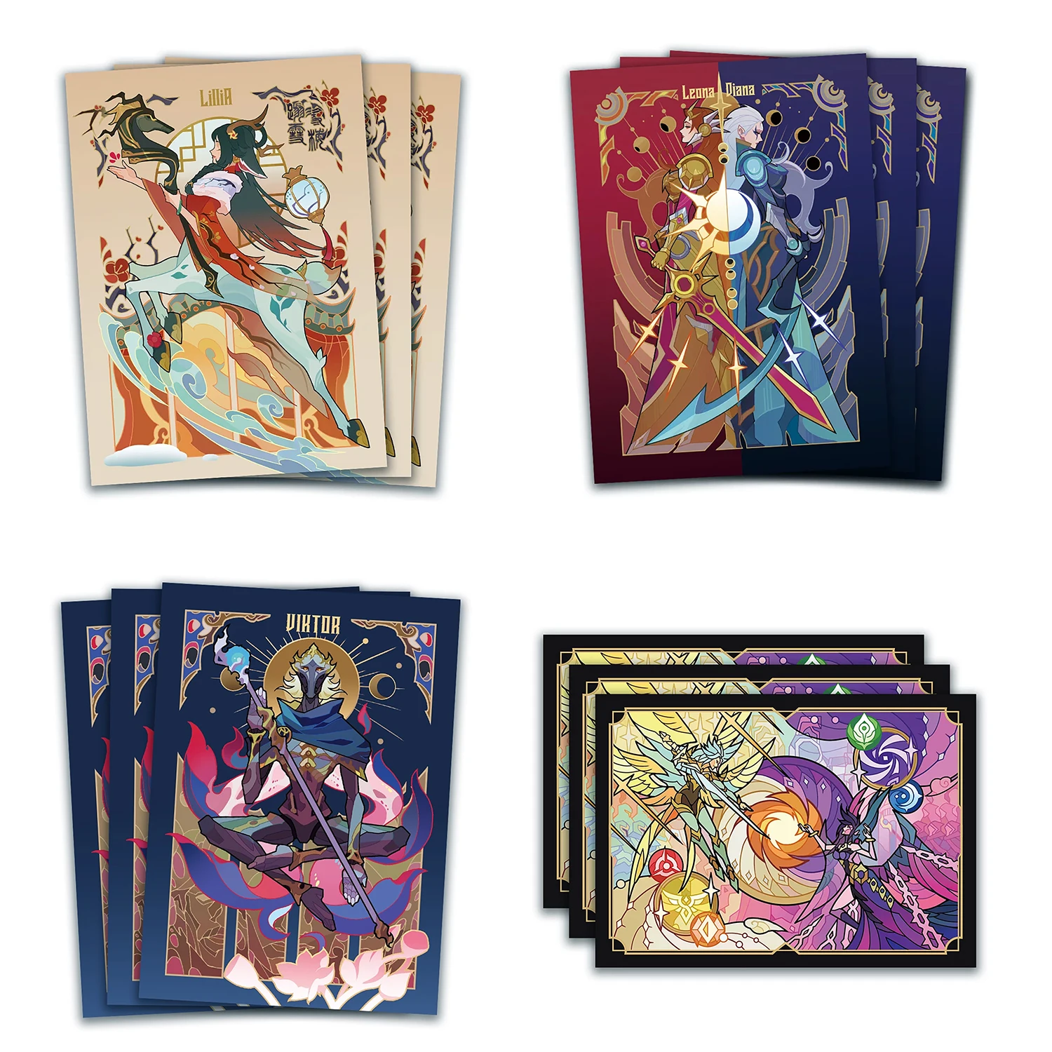 Fundas Protectoras para Cartas de 66x92mm, Runes Battlefield, Leona-Diana, Lillia, Viktor, Protector de Cartas con Diseño Metálico, Cubierta Exterior, DTCG/OPCG/PTCG, 50 Unidades