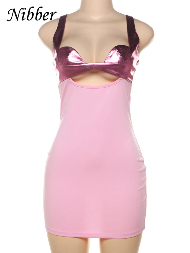 Nibber เดรสผ้าต่อ PU ผู้หญิงเซ็กซี่เปิดหลังแขนกุดชุดบอดี้คอนฮิปสเตอร์เทรนด์สวยฤดูร้อนชุดเที่ยวกลางคืน