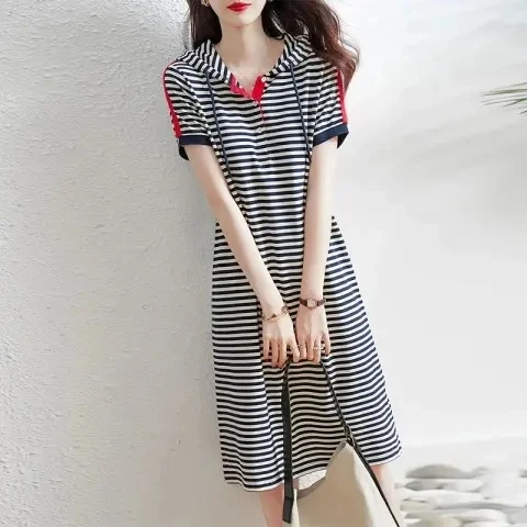 Été nouveau ample rayure à capuche Dr femmes décontracté Sle t-shirt Dr jupe mi-longue ort Sve Production chinoise