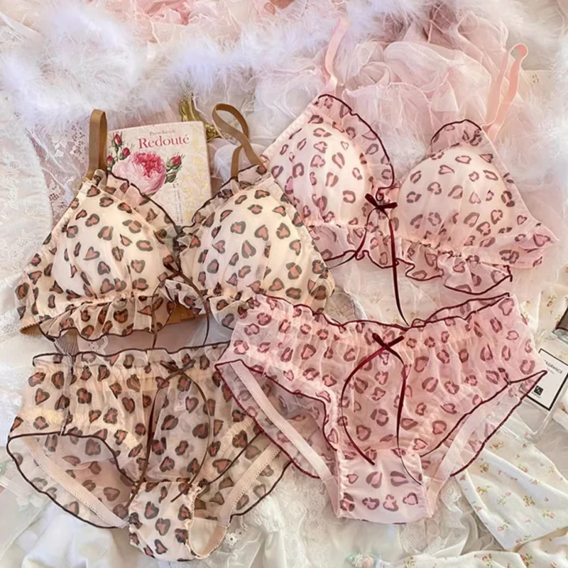 Cute Leopard Print Underwear Women's Japanese Sweet Lolita Lace BowbraNo Steel Ring Not Empty Cup Bra