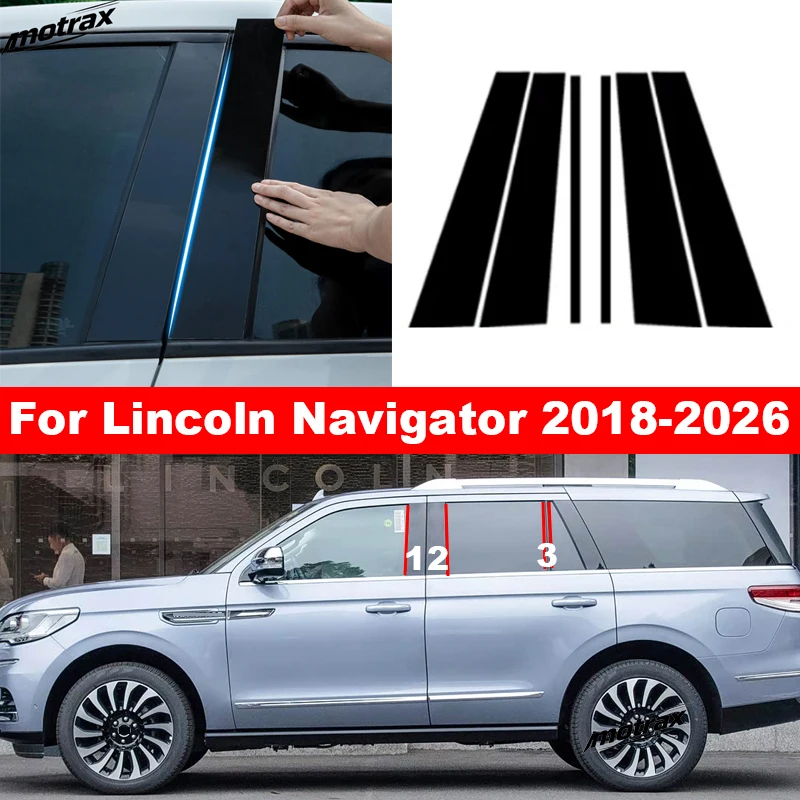 For Lincoln Navigator 2018-2026 Auto B‑C Pillar Window Trim Cover Glossy Exterior Middle Column Sticker Molding Decoration