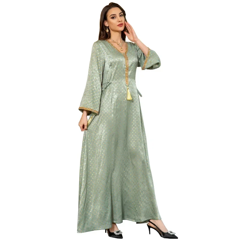 Summer Abayas for Women Dubai 2024 Fashion Muslim Women Long Sleeve V-neck Polyester Kaftan Long Maxi Dress Muslim Dress Women