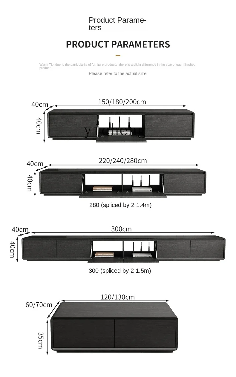 Tqh Solid Wood Modern Minimalist Living Room Rounded Black TV Cabinet Coffee Table High Floor Combination Cabinet