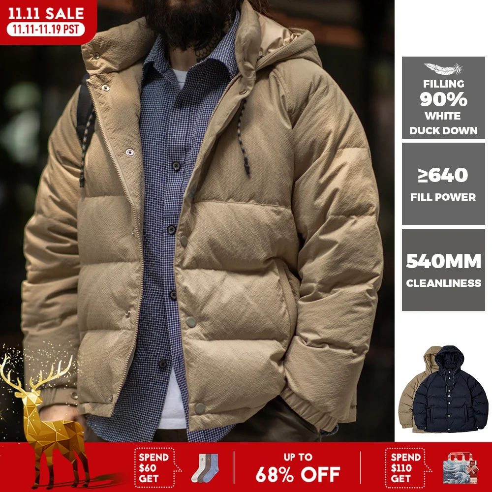 Maden Men's Winter Wide Quilting Seam Thickened Down Jacket White Duck Down Navy Blue Hooded Jacket High Density Fabric Warm Top