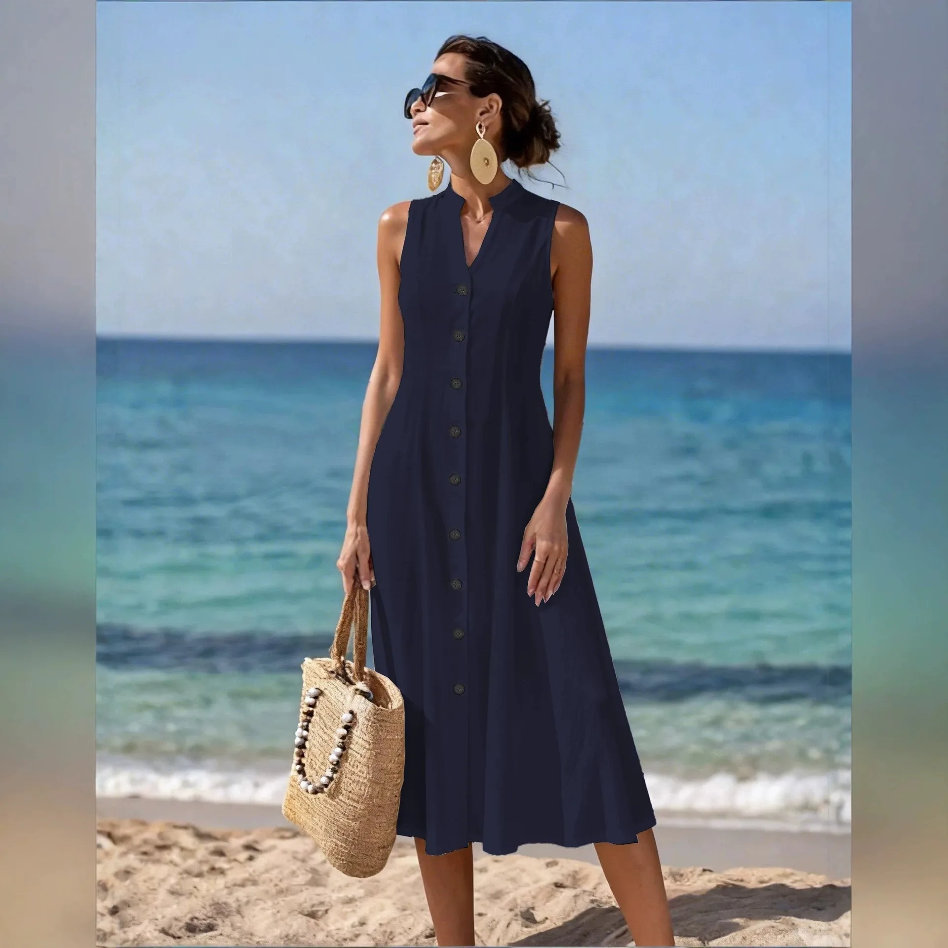V Neck Sleeveless Dress Mid Waist Elegant and Refined with Button Detail Maxi Length Slim Fit Long Skirt Women Summer Dress