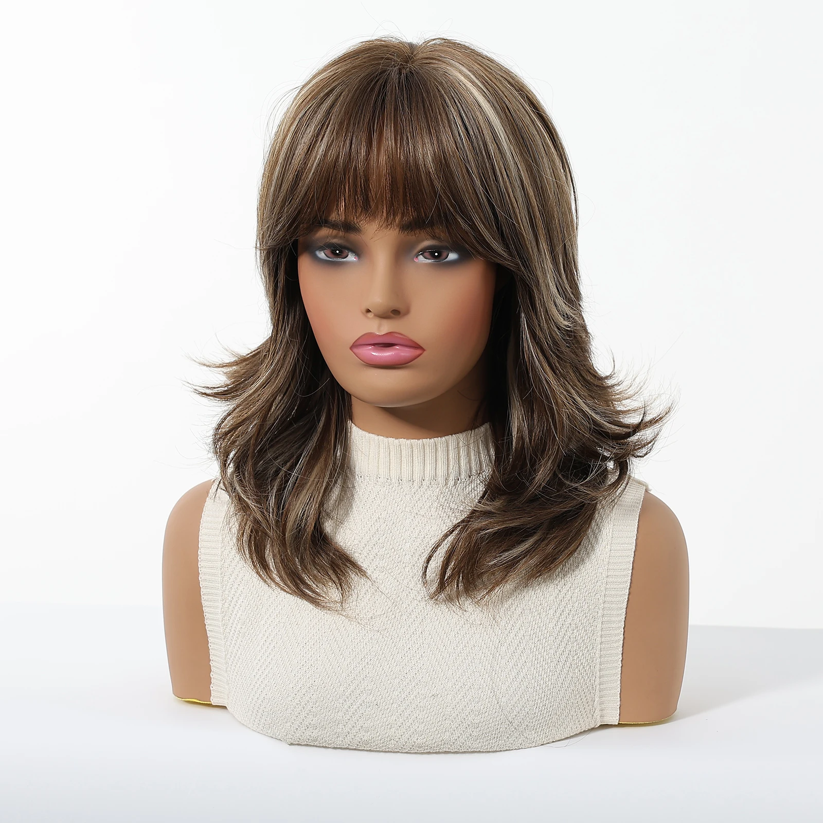 HENRY MARGU Brown Highlight Synthetic Wigs for Women Short Wavy Wig with Bangs Realistic Fake Hair Natural Looking Daily Party