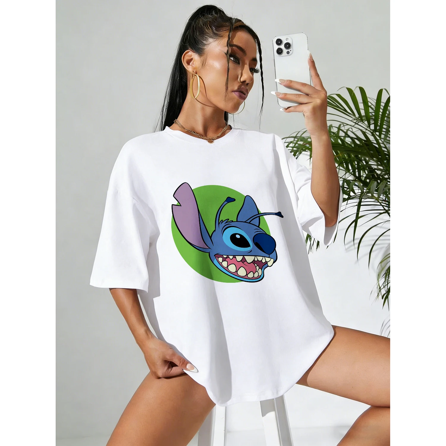 Disney Summer Star Baby Stitch Cool Contrast Style 100% Cotton Print T-shirt Men's Casual Breathable Quick Dry Top Y2k