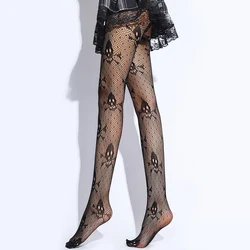 1 Pair Women's Black Sexy Fishnet Tights Skeleton Pattern Mesh Hollow Out High Waist Elastic Footed Pantyhose For Halloween