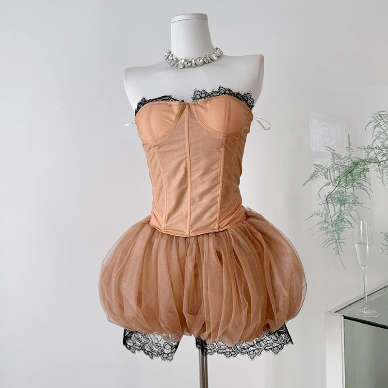 

Сексуальные короткие комплекты без бретелек для девочек, женские летние укороченные топы без бретелек, роскошные кружевные шорты-фонарики, костюмы из двух предметов