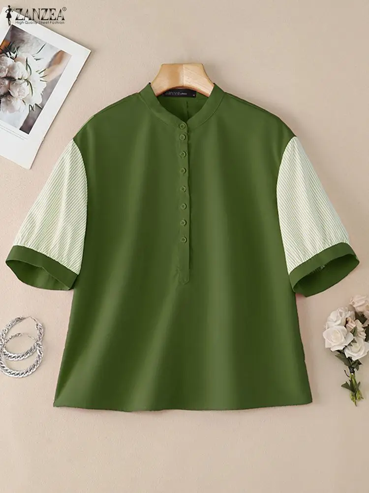 

ZANZEA 2022, женская летняя лоскутная блузка, топы в полоску, элегантная офисная рубашка с коротким рукавом, женская туника с воротником-стойкой и пуговицами, Blusas