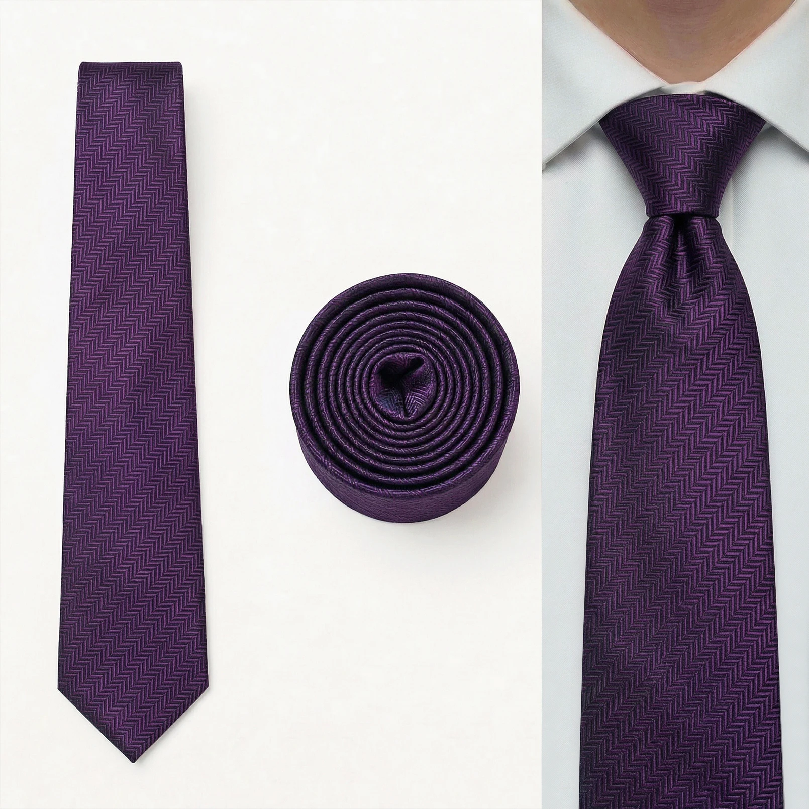 Solid Purple Plum Mens Necktie Set Wedding Classic Tie Pocket Square for Men Accessory Hanky Classic Skinny Extra Long XL Slim