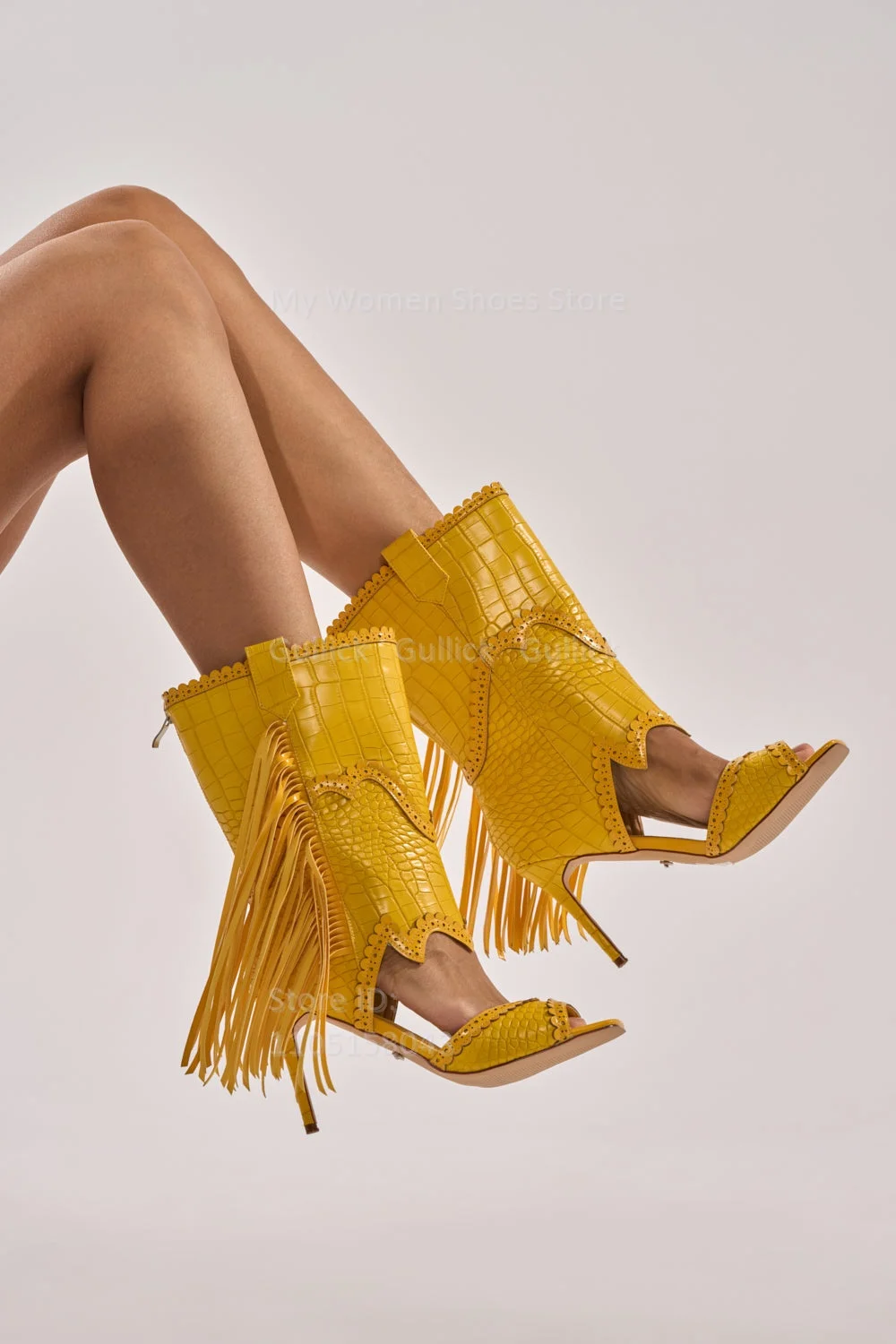Fringe Yellow Stone Pattern Summer Boots Mid Calf Cut Out Ziiper Custom Made 2026 Autumn Winter Dress Footwear Thin High Heels