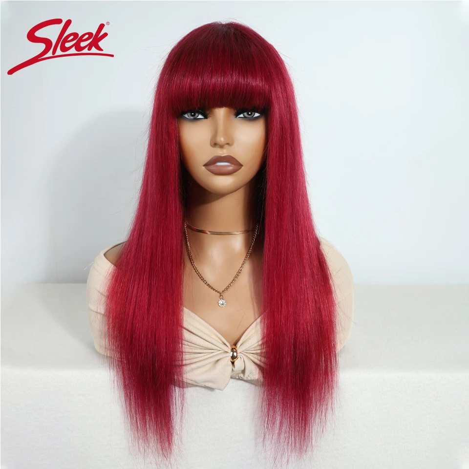 Sleek Human Hair Wigs With Bang Brazilian Straight Red Burgundy Human Hair Wigs Brown Color 4# For Black Women None Lace Wigs