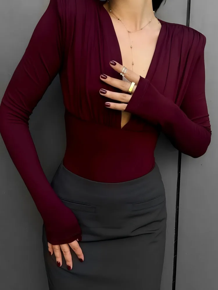 

Blifanbo Deep V Neck Sexy T-shirt Top Women Long Sleeve Bodycon Fashion Solid Female T-shirt Top Patchwork Streetwear Clothes