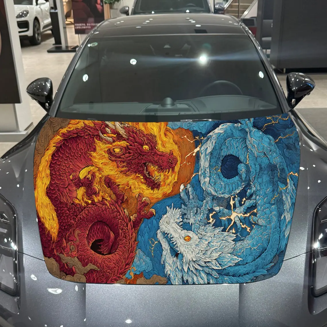 

Yin-Yang Dragon Dominance Scene PVC Car Engine Hood Vinyl Wraps, Self-Adhesive Waterproof Car Hood Decal Sticker, Car Decoration