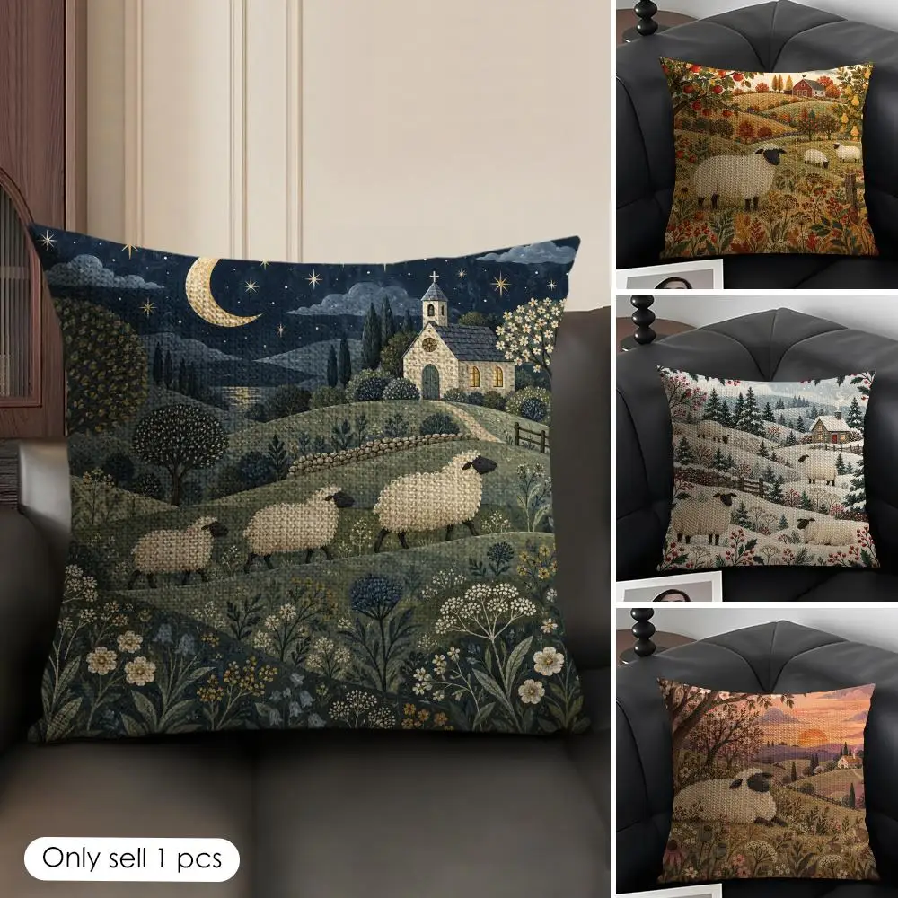 Farmhouse Black Face Sheep Cushion Cover Skin-Friendly Organic Linen Pillow Cover Durable Hypoallergenic Washable Soft