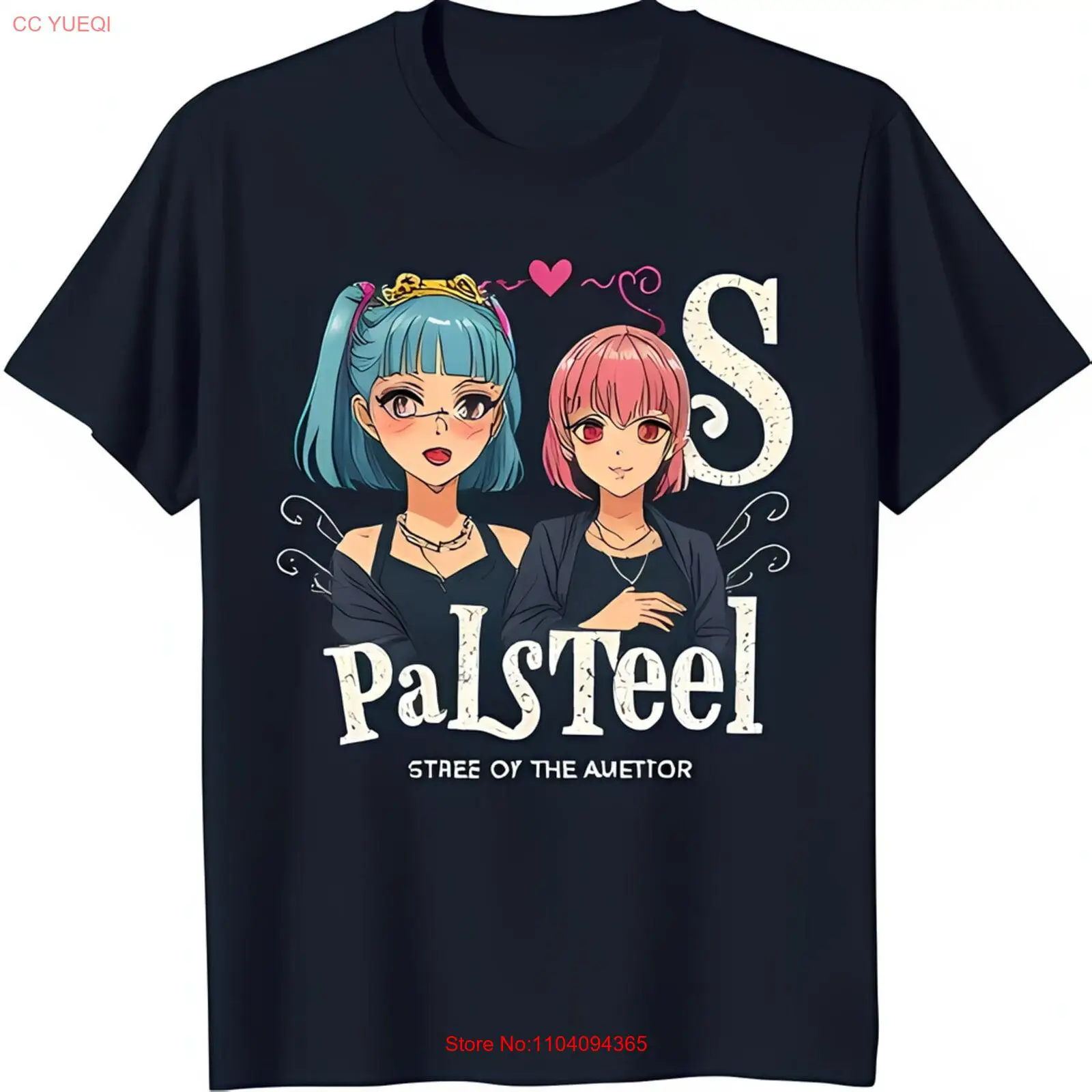 

Grunge Anime Black T-Shirt with 'PalSteel' Graphic & Heart Design