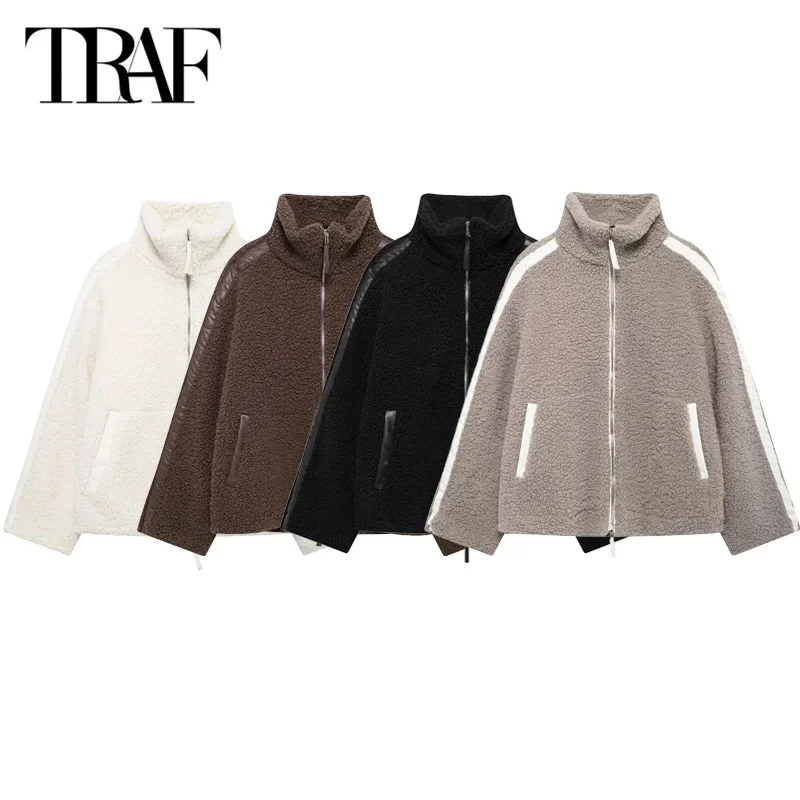 TRAF Teddy Long Sleeve Jacket Women's Jacket Warm Winter Coat 2024 Autumn Demi-Season Large Size Plush Parkas New In Outerwears